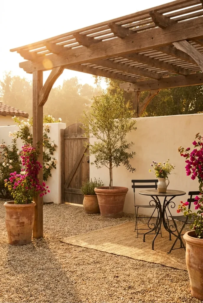 Mediterranean backyard on a budget with gravel, terra cotta, and bougainvillea