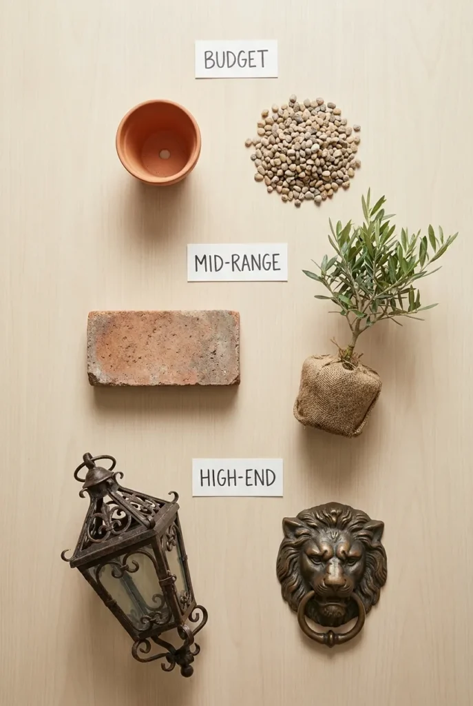 Mediterranean backyard budget tiers from gravel to fountain laid out flat