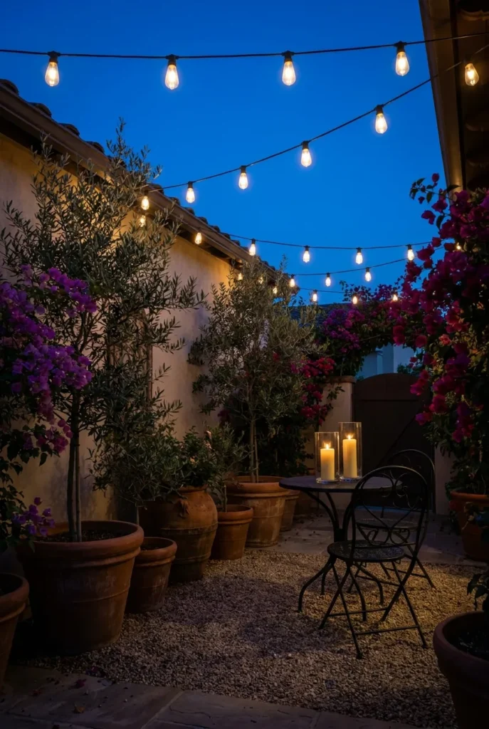Mediterranean backyard at dusk with warm string lights and candle glow
