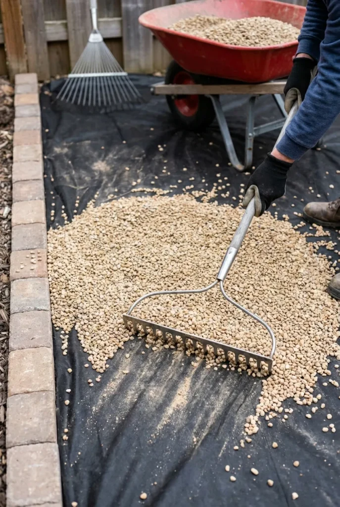 Laying pea gravel over fabric for a budget Mediterranean backyard courtyard