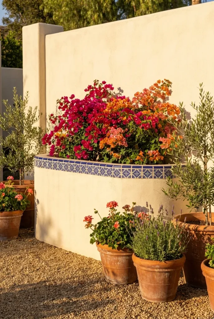Cream stucco wall with mosaic tile and bougainvillea in a Mediterranean backyard