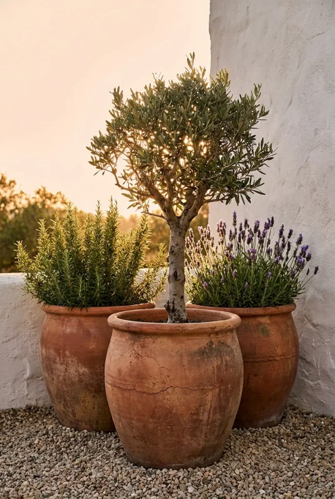 Terra cotta pots with lavender and olive for a Mediterranean backyard look