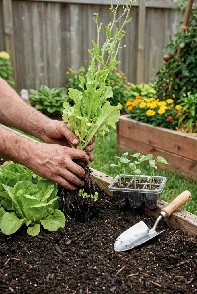 Pulling bolted lettuce and replanting bush beans in a summer raised bed.