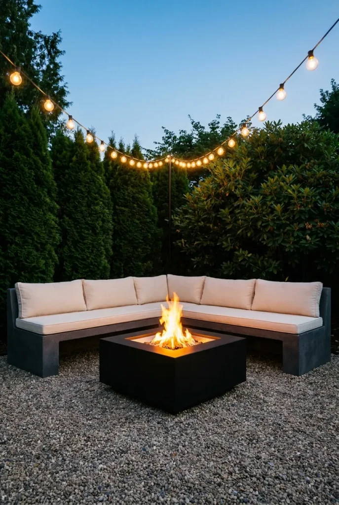 Modern square fire pit ideas with L-shaped bench seating at dusk
