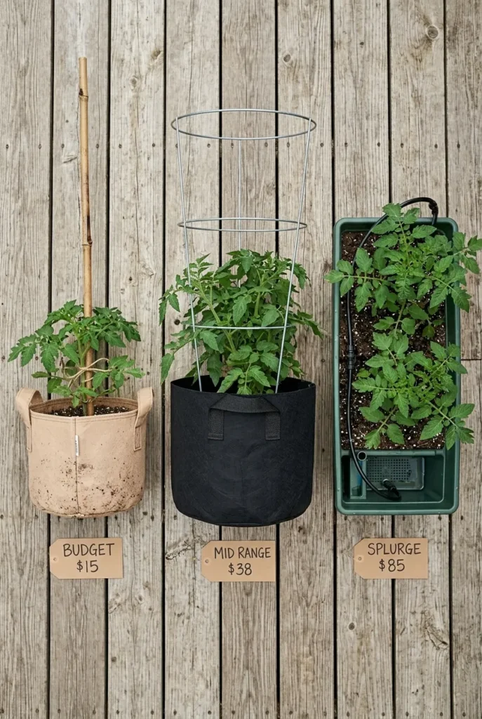 Three budget tiers of patio tomato container setup compared overhead