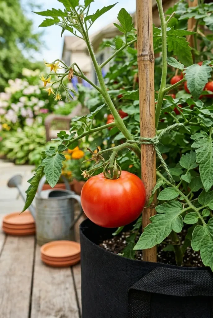 Ripe Celebrity patio tomato on a single bamboo stake inside a fabric grow bag