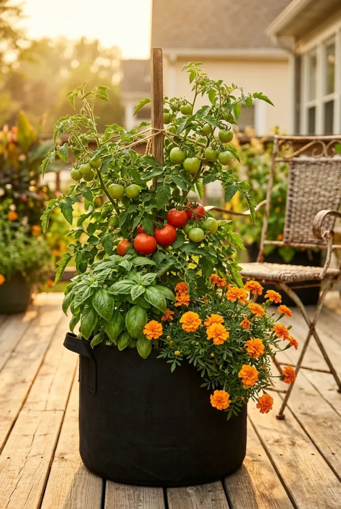 Patio tomato container companion planting basil and marigold
