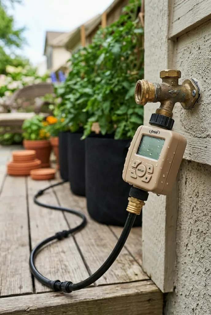Orbit hose timer drip irrigation patio tomato container watering setup