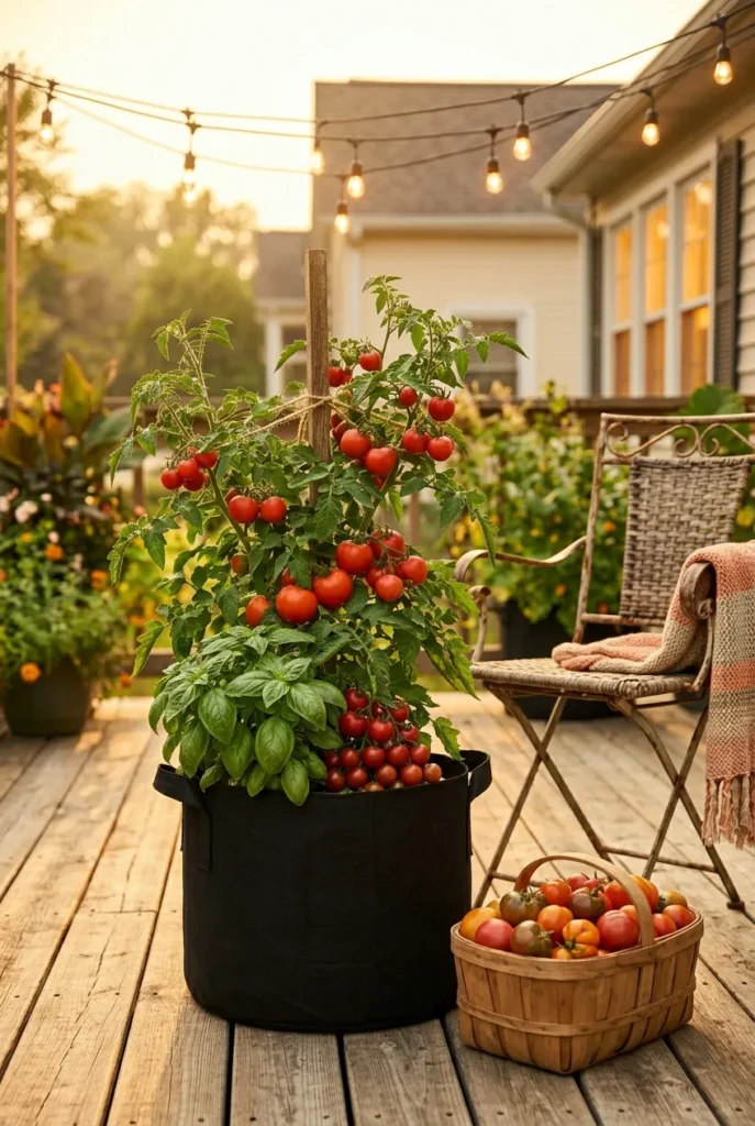 End of season patio tomato container at dusk with string lights