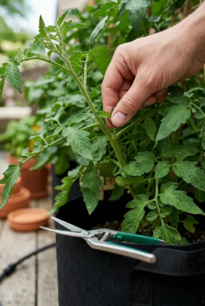 Pruning a tomato sucker on a patio tomato container plant