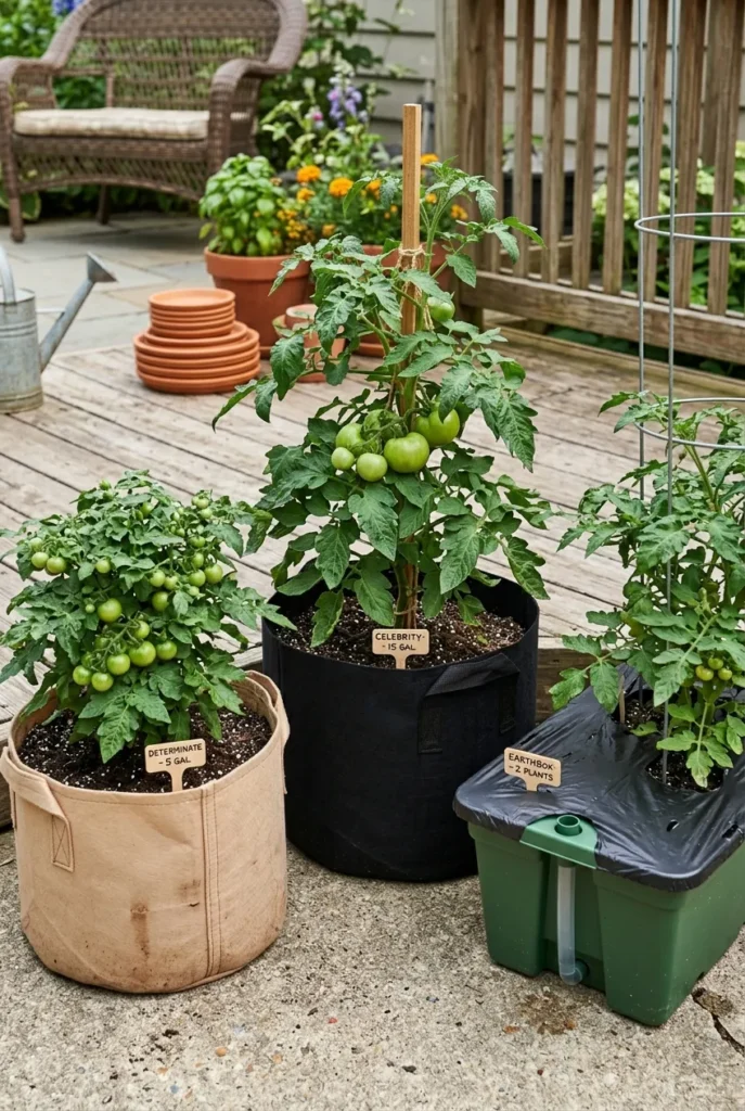 Patio tomato container size comparison fabric bag and EarthBox