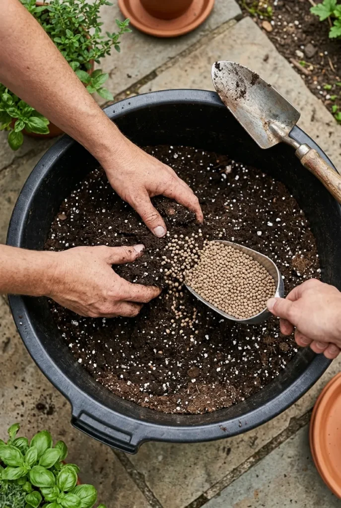Mixing FoxFarm potting mix with Espoma Tomato-tone for patio tomato container