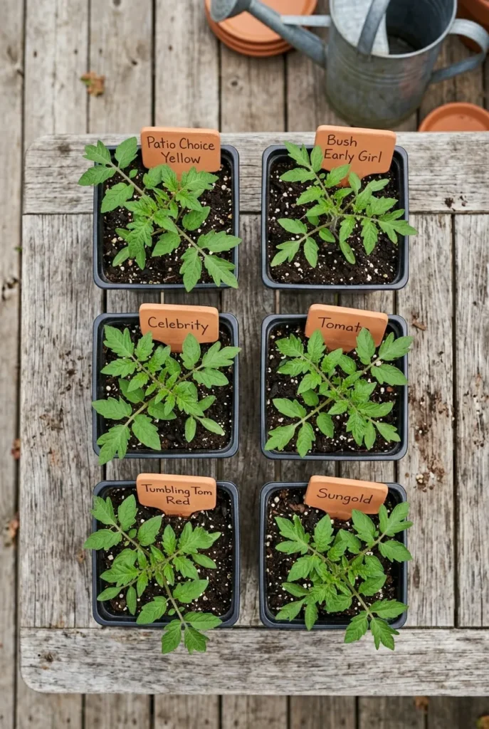 Five patio tomato container varieties on a wood table overhead view