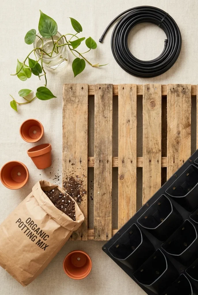 Backyard plant wall supplies flat lay with planters, potting mix, and cuttings