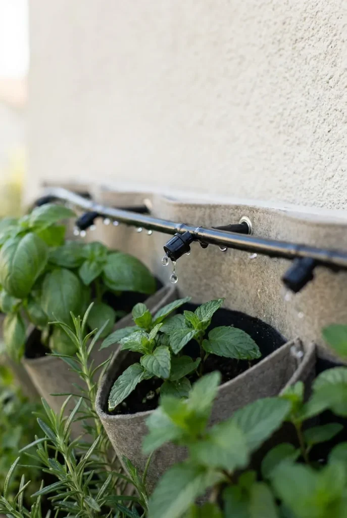 Drip irrigation watering the top row of a backyard living plant wall