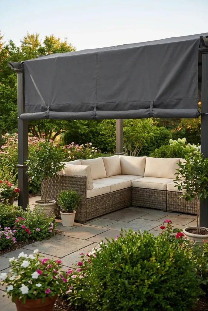 Patio cover pulled back showing protected sectional underneath in summer