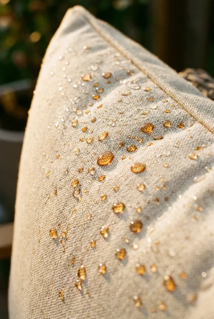 Water beading on Sunbrella cushion treated to protect outdoor furniture summer rain