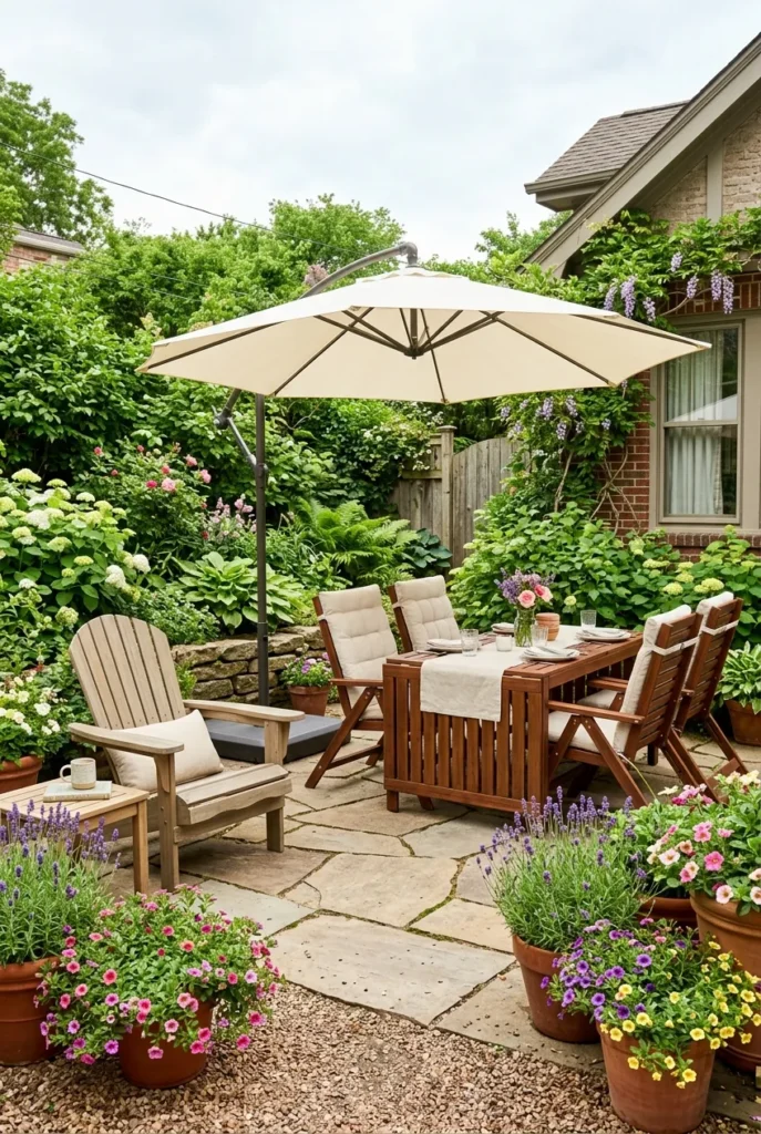 Cozy summer patio setup with protected outdoor furniture and umbrella shade