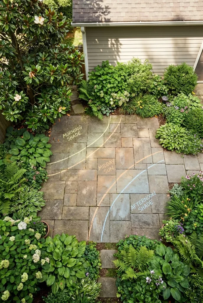 Sun map of a patio showing how to plan outdoor furniture summer placement