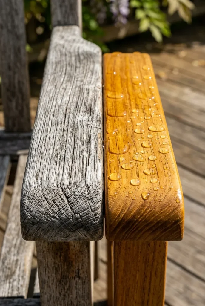 Weathered vs oiled teak showing why protect outdoor furniture summer prep matters