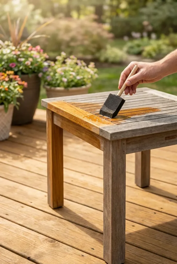 Teak oil application step for summer wood furniture protection