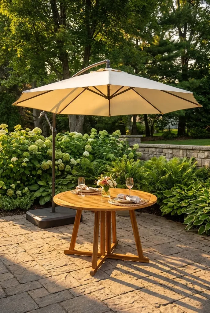 Cantilever umbrella shading dining furniture to protect outdoor furniture summer heat