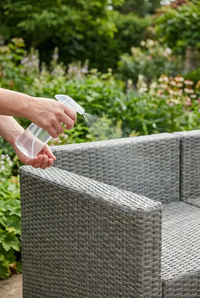 UV protectant spray applied to wicker furniture for summer care