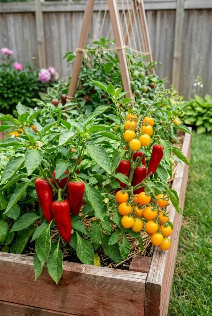Ripe Carmen peppers and Sungold tomatoes in a summer raised garden bed.