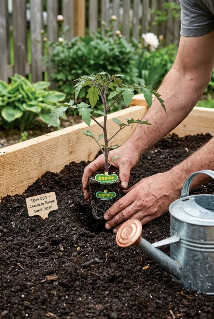 Hands transplanting a tomato seedling into a cedar raised bed for summer planting.