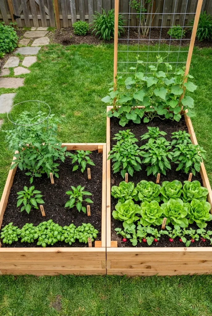 4x4 vs 4x8 raised garden bed spacing layout comparison overhead view