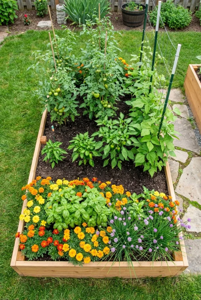 raised garden bed showing 70/30 planting rule with crops and companion plants in separate zones