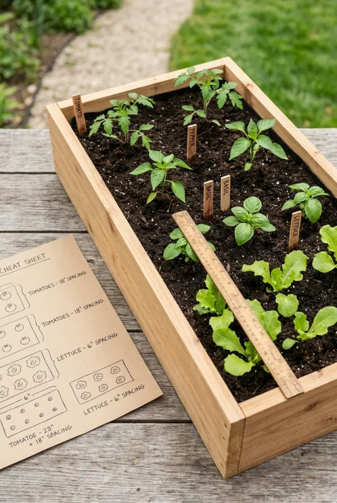 raised garden bed spacing cheat sheet with plant markers beside a cedar raised bed