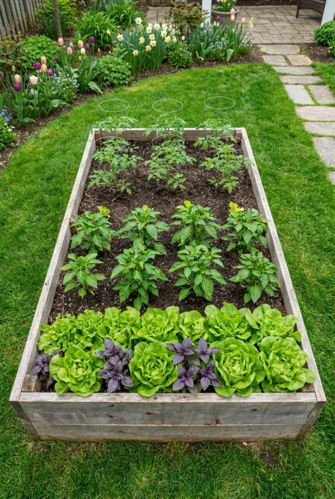 raised garden bed spacing layout with vegetables in a 4x8 cedar bed overhead view