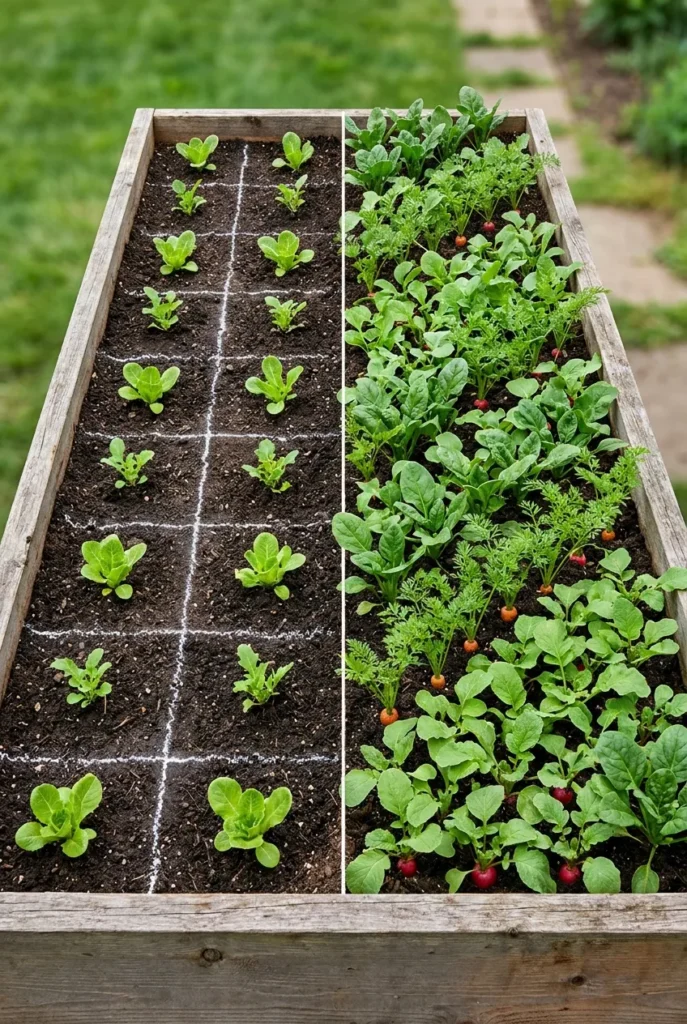 square foot gardening grid vs diagonal intensive spacing in a raised garden bed