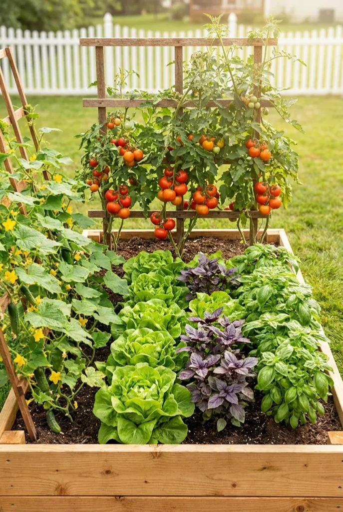 raised garden bed with correct plant spacing producing summer tomatoes lettuce and cucumbers