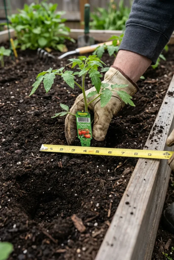 placing a tomato transplant in a raised garden bed at 18-inch spacing with a tape measure