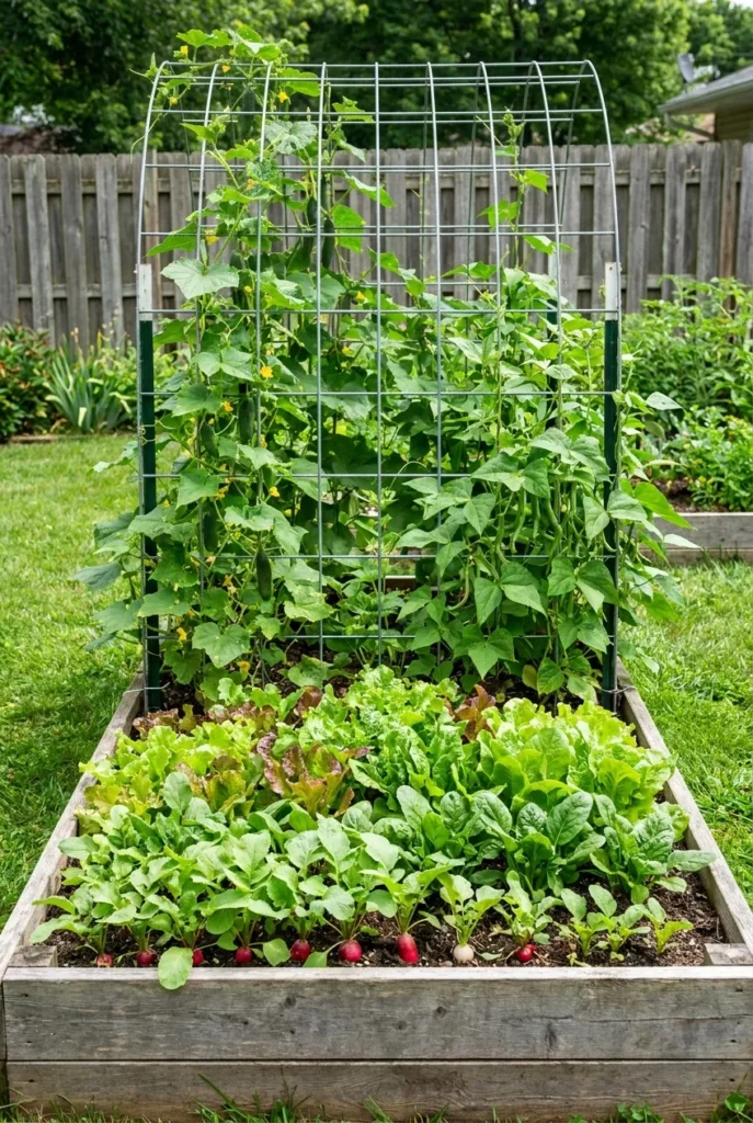 raised garden bed spacing with cattle panel vertical trellis for cucumbers and pole beans