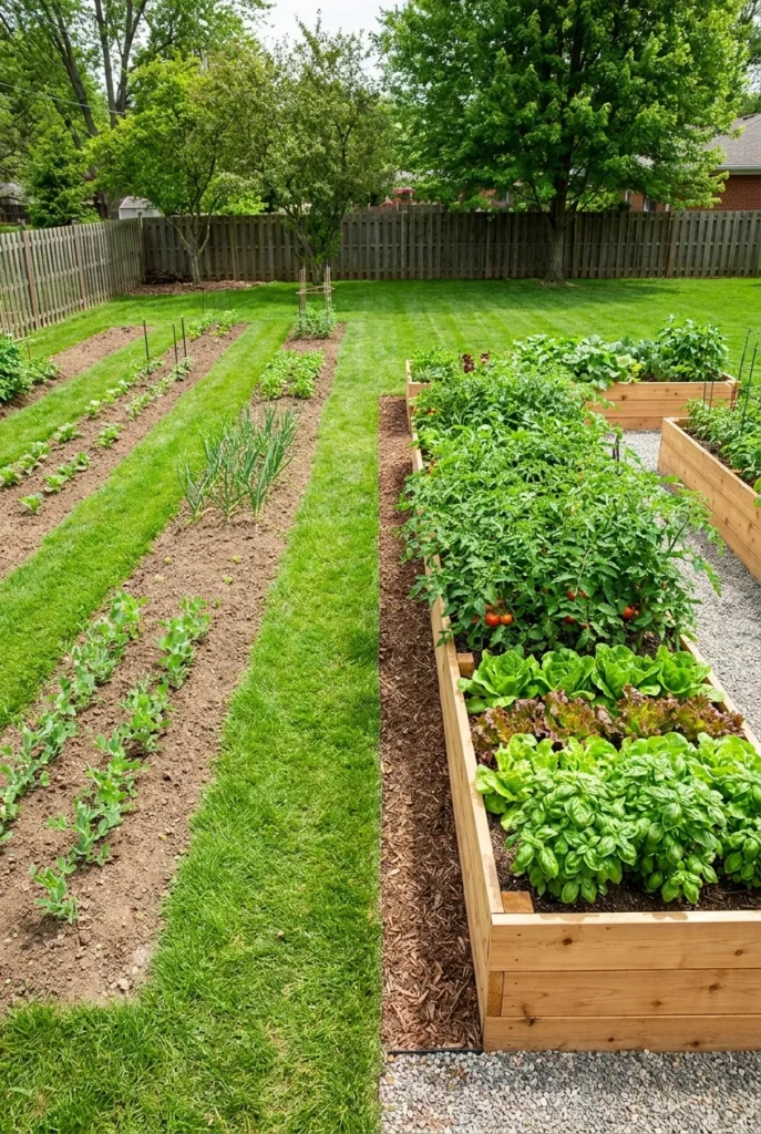 comparison of in-ground row gardening vs intensive raised garden bed spacing