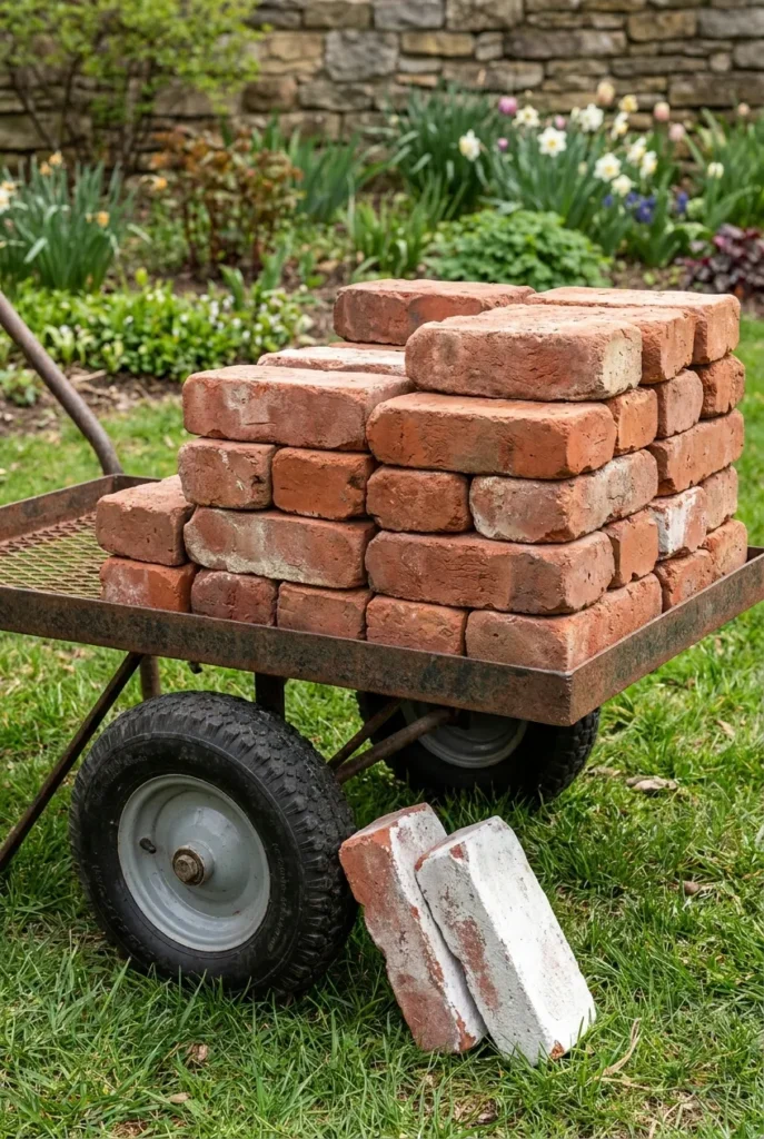 Reclaimed red bricks and lime washed white bricks for a recycled brick raised garden bed