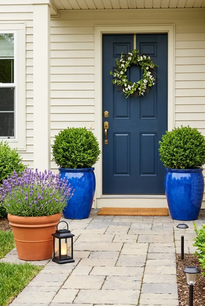 Renter-friendly front yard landscaping with matching entry planters