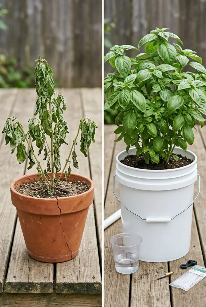 before and after of basil in a dry pot versus a self-watering container