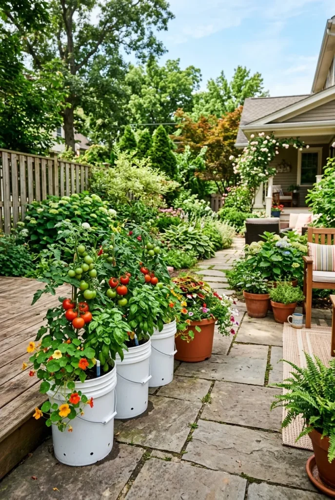 self-watering container garden with tomatoes and basil on a sunny patio