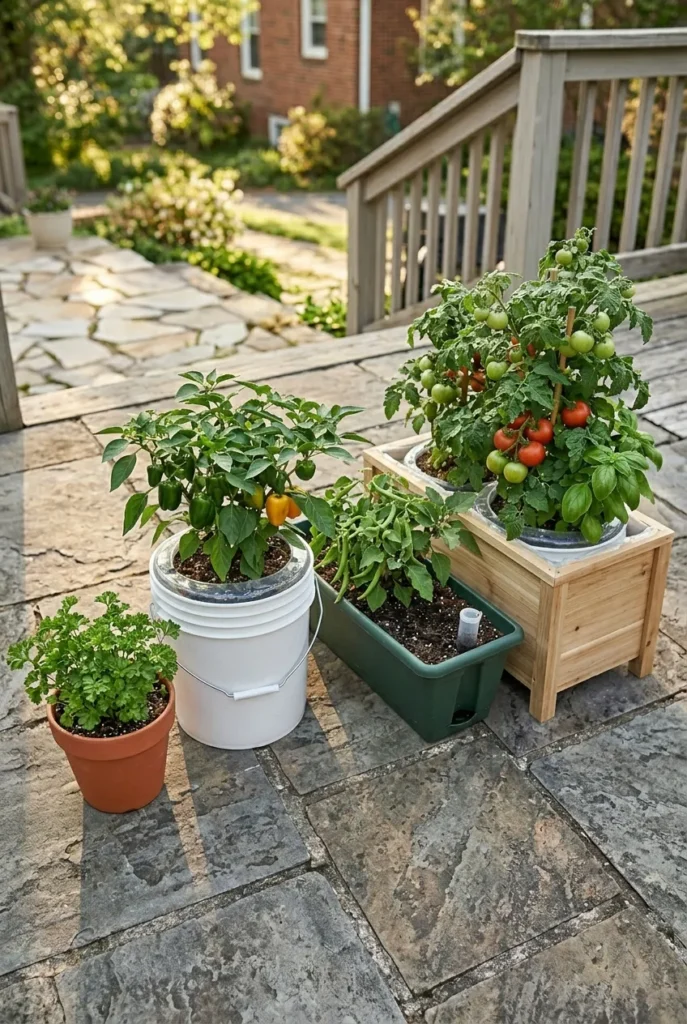 self-watering container garden sizes from terra cotta to large planter