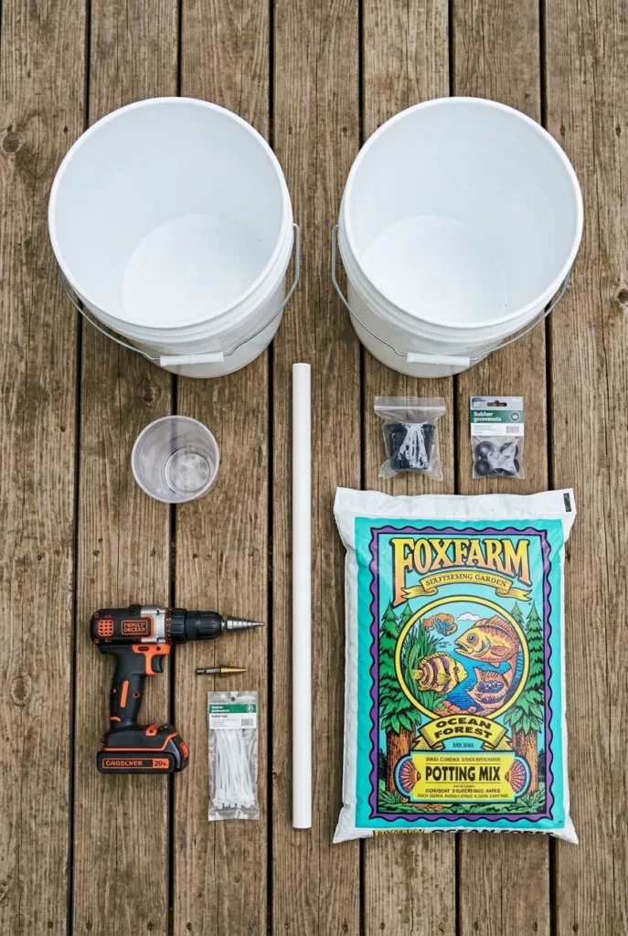 supplies for a DIY self-watering container garden laid out on a deck