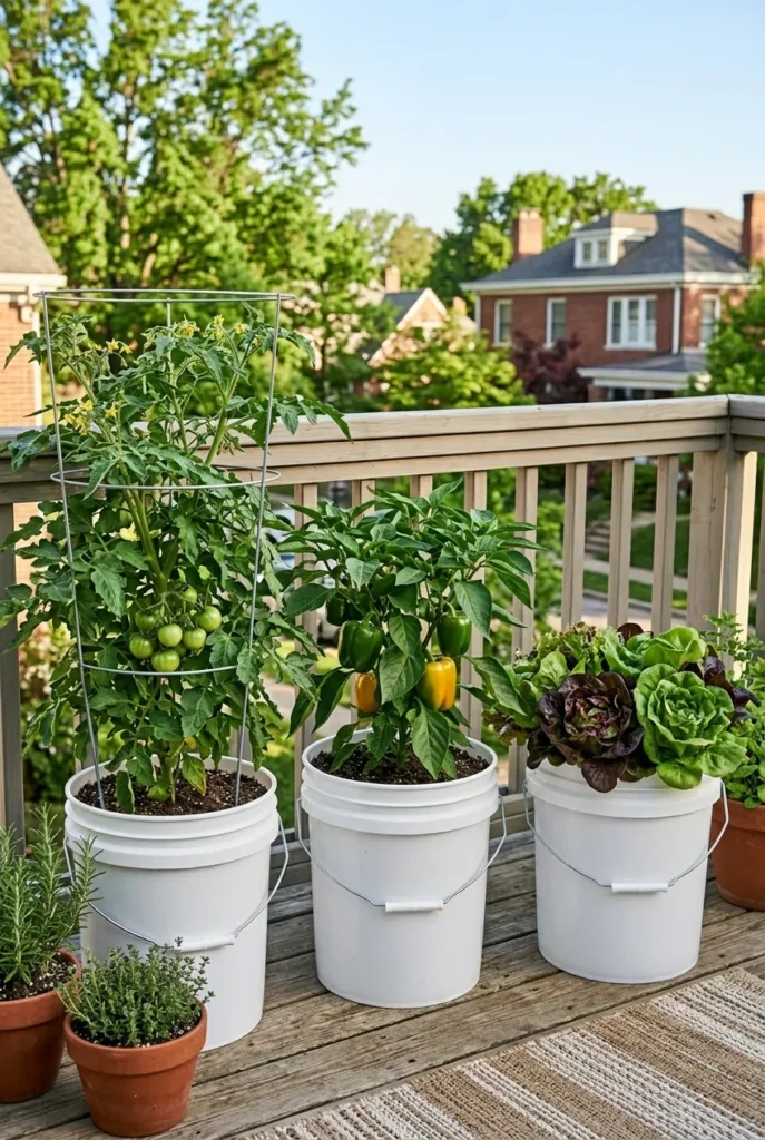 self-watering container garden vegetables with tomatoes peppers and lettuce