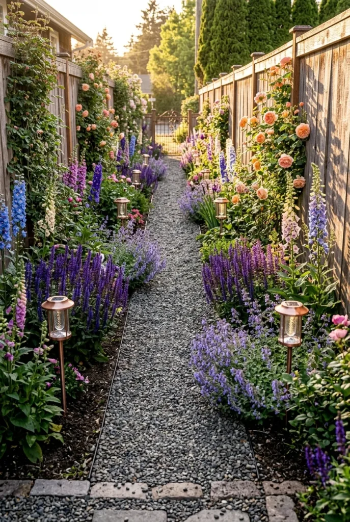 small side yard cottage garden ideas with gravel path