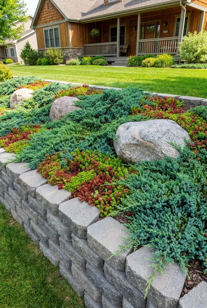 Sloped front yard landscaping with terraced blocks and ground cover