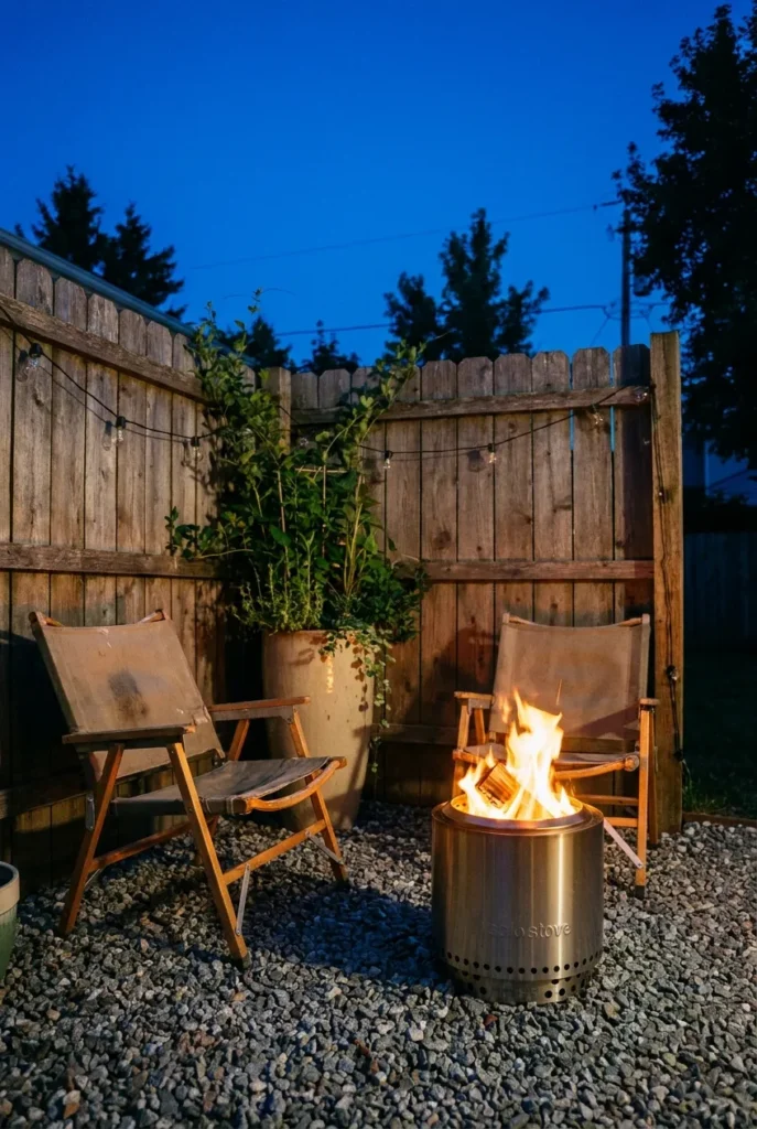 Small backyard solo stove setup near a fence with folding chairs
