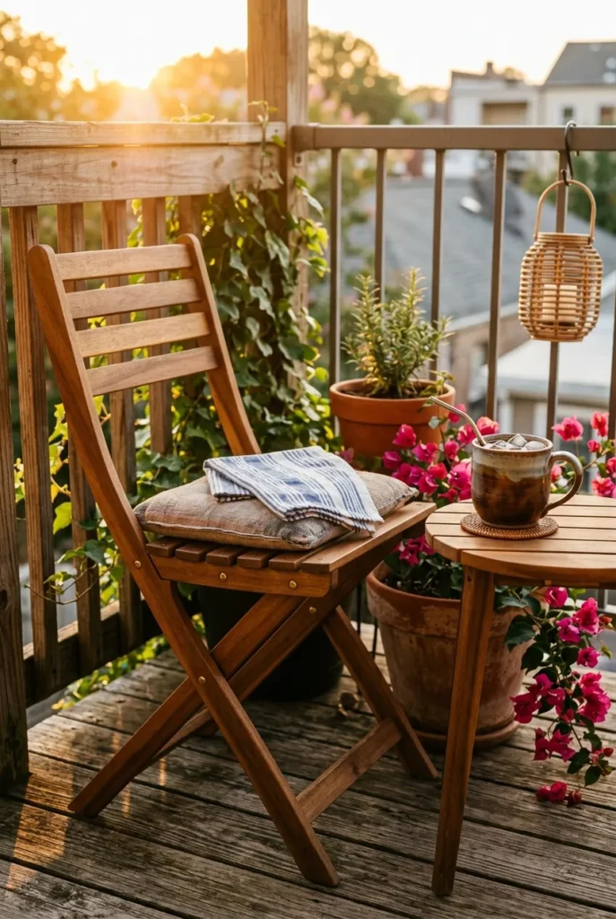 Small balcony with IKEA folding chair and terra cotta planter