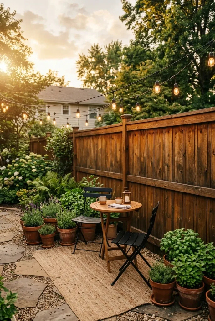 IKEA bistro set against cedar fence with string lights for small renter patio